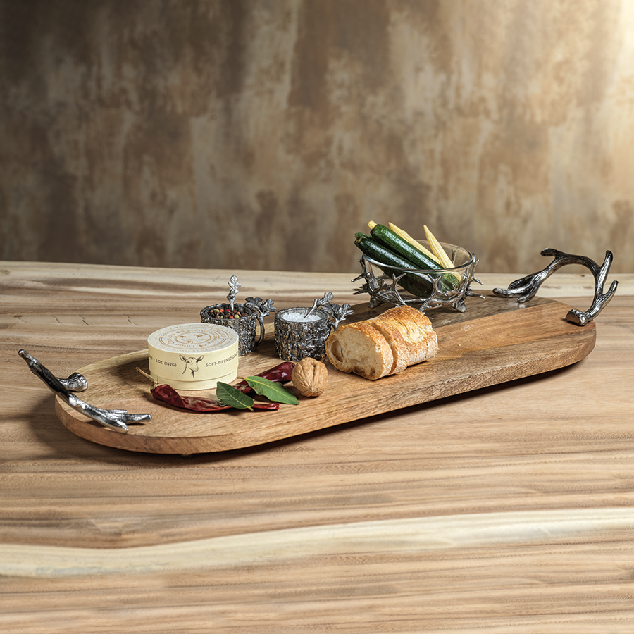 Wooden Oval Tray with Antler Handles