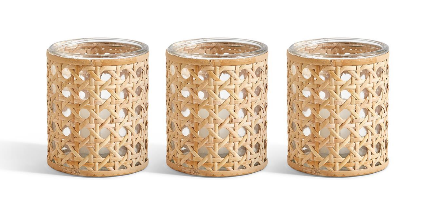 Set of three caned tealight candle holders
