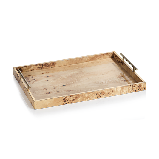 Leiden Burl Wood Design Rectangular Tray with Gold Handles