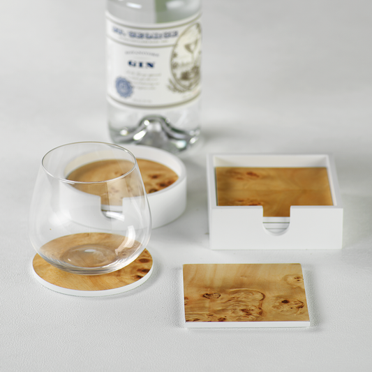Set of 4 Round Burl Wood Coasters in White Tray