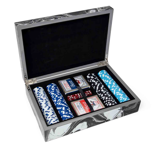 BLACK WAVY MARBLE POKER SET WITH  200 CHIPS, 2 DECKS, AND 5 DICE