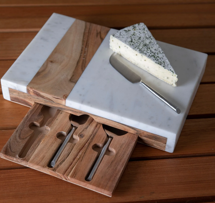 Marble and Acacia Wood Pocket Drawer Board with Matte Stainless Cheese Set